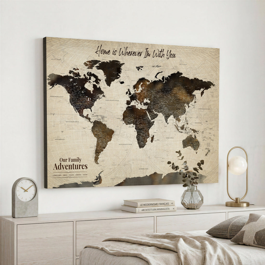 Custom Beige Push Pin World Map Wall Art, Family Travel Tracker, Dining Room and Bedroom Decor