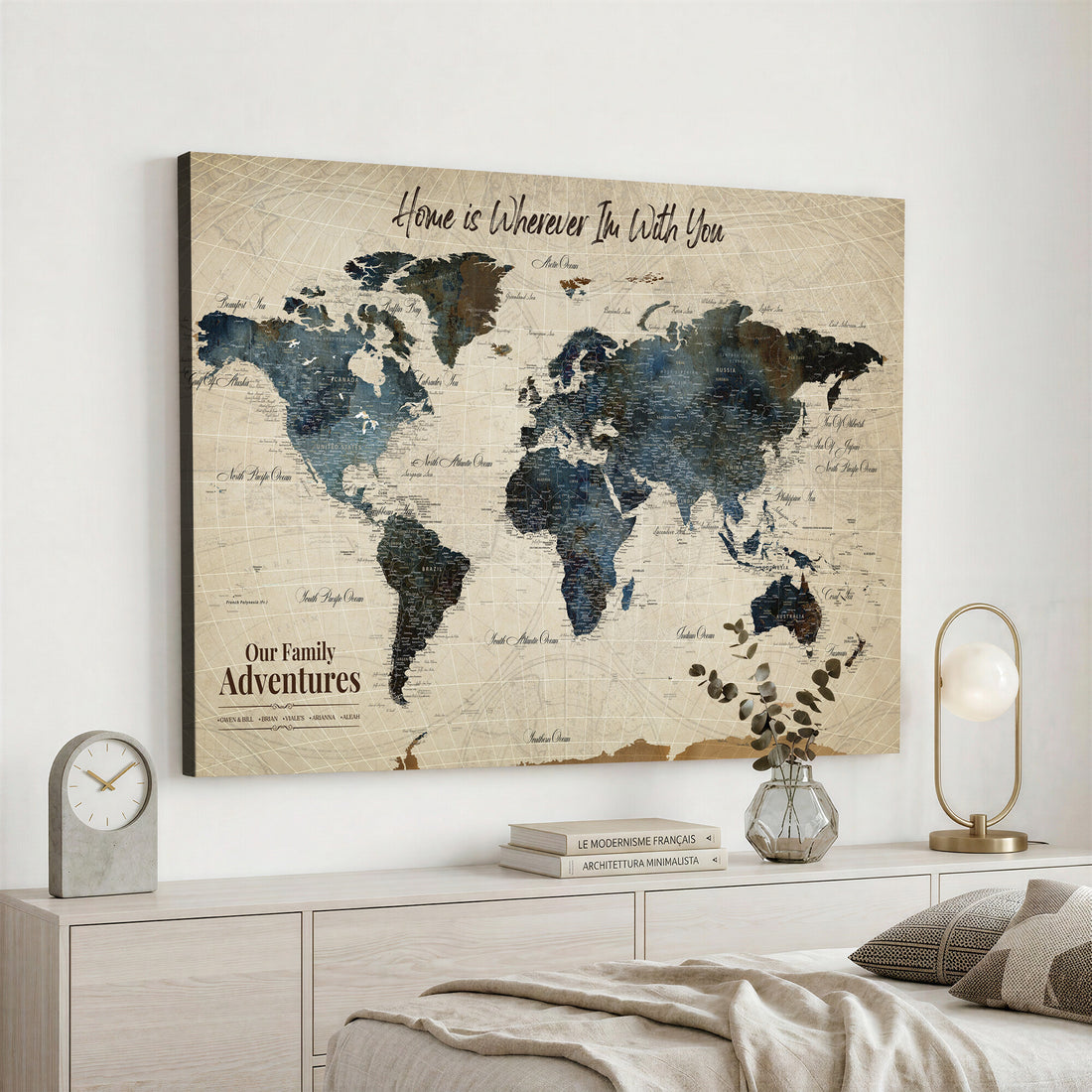 Personalized Framed Black Modern Push Pin Travel Map Canvas Print, Family Travel Tracker, Home Office and Entryway Decor