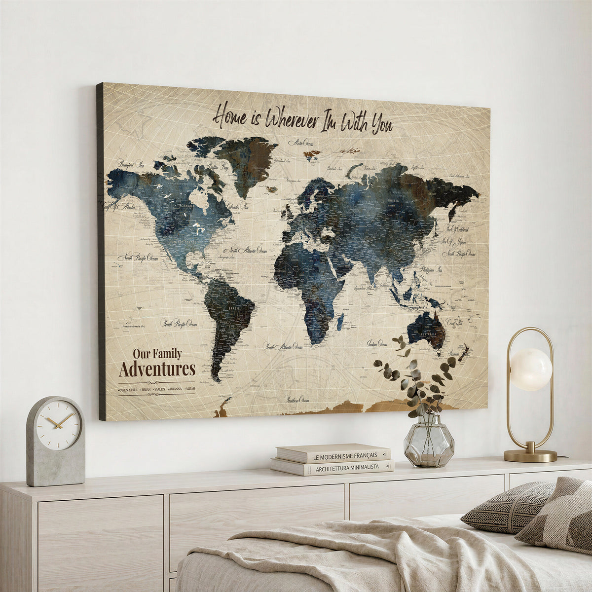51383535-MGV-CV-36X24 - Personalized Framed Black Modern Push Pin Travel Map Canvas Print, Family Travel Tracker, Home Office and Entryway Decor