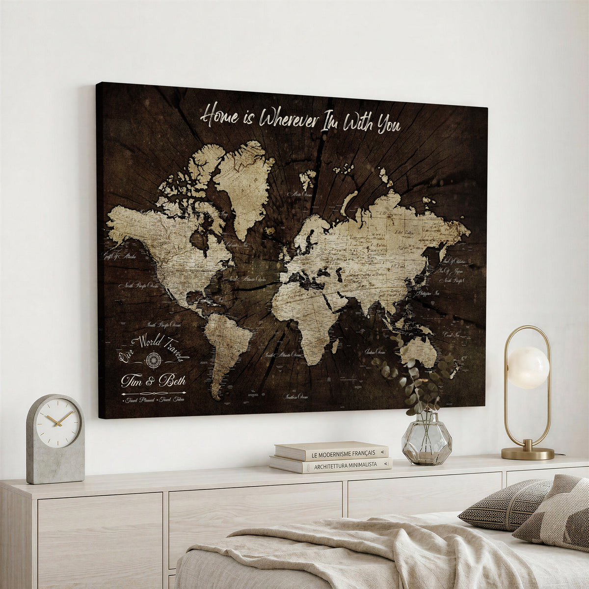 46573259-MGV-CV-36X24 - Personalized Watercolor Push Pin World Map Canvas Wall Art, Custom Framed Travel Map - NEWMAP-094