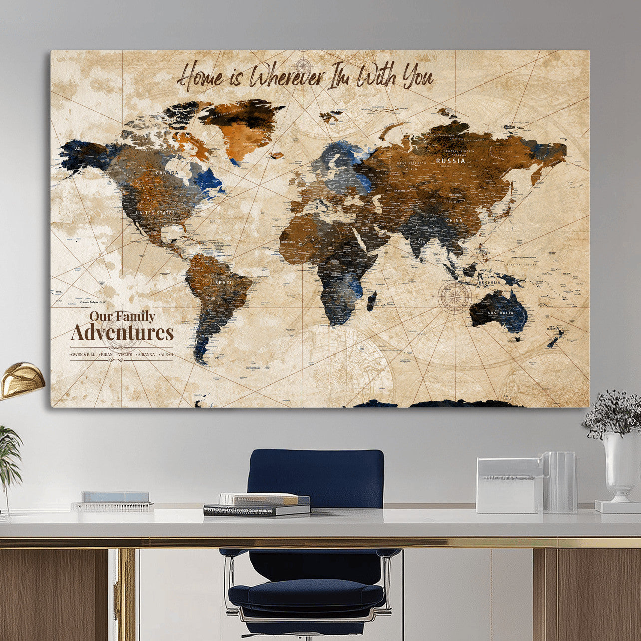 20227642-MGV-CV-36X24 - Custom Push Pin World Map Wall Art Canvas Print – Personalized Travel Tracker with Pins Framed Large for Home and Office Decor