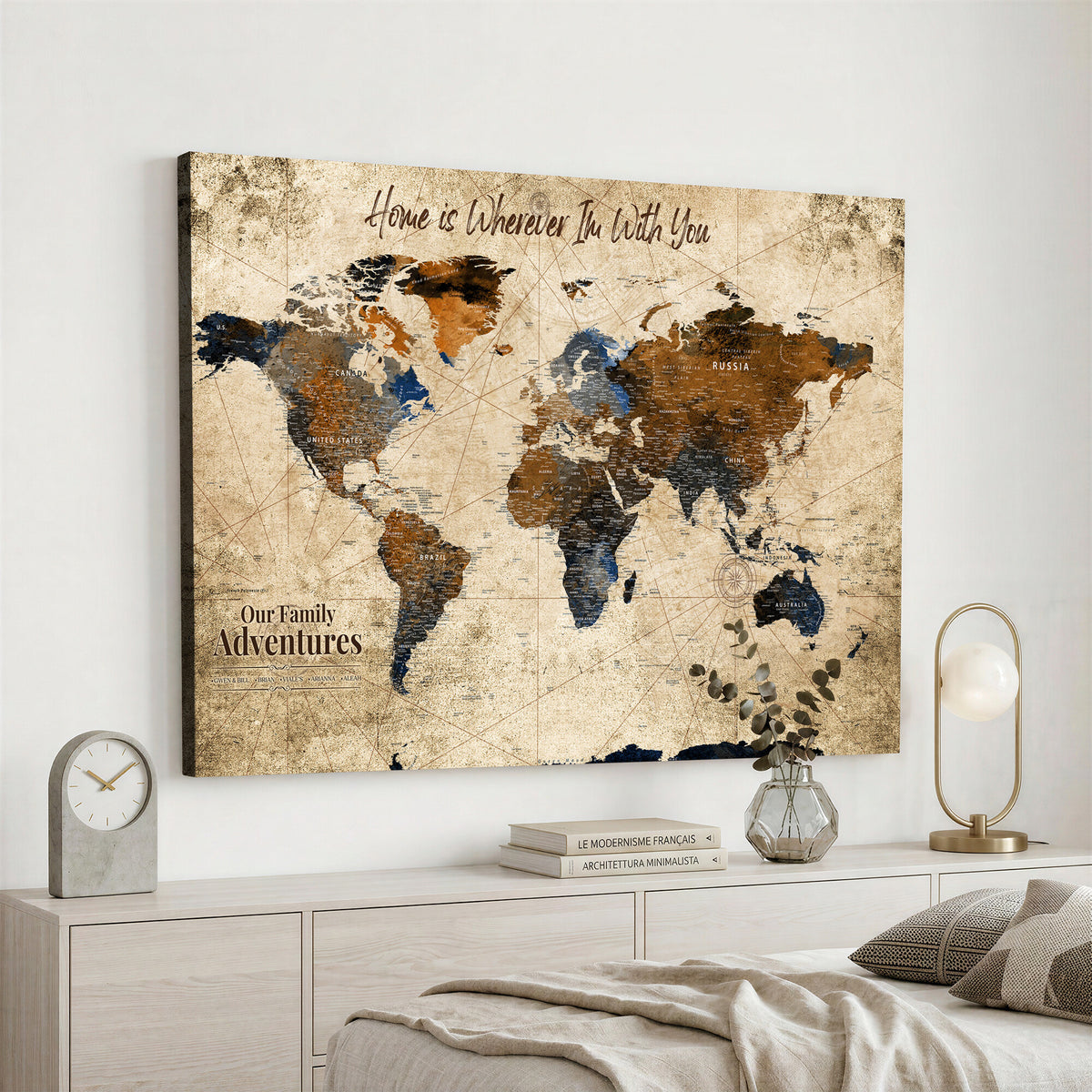 17548029-MGV-CV-36X24 - Personalized Framed Beige Modern Push Pin World Map Canvas Print, Bucket List Map, Home Office and Study Decor