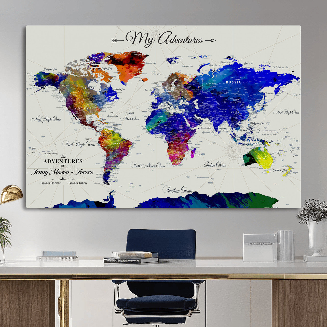 45423989-MGV-CV-36X24 - Custom Push Pin World Map Wall Art Canvas Print – Personalized Travel Tracker with Pins Framed Large for Home and Office Decor