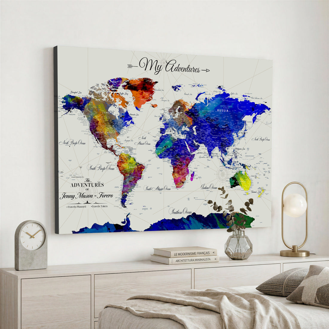 Detailed Custom Framed Beige Modern World Map Canvas with Push Pins, Honeymoon and Anniversary Gift, Dining Room and Home Office Decor