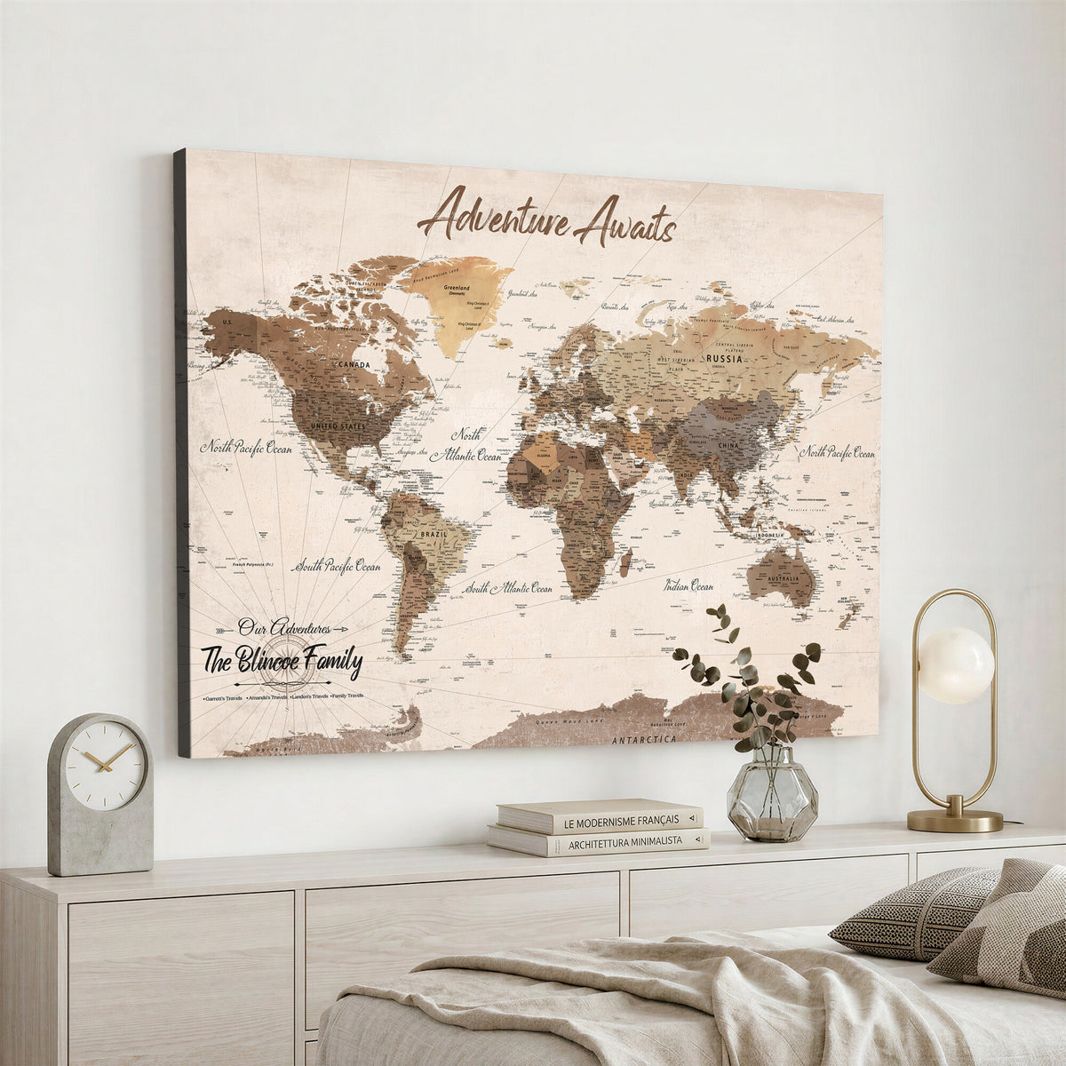 64110351-MGV-CV-36X24 - Personalized Framed White Modern Push Pin Travel Map Canvas Print, Bucket List Map, Dining Room and Study Decor