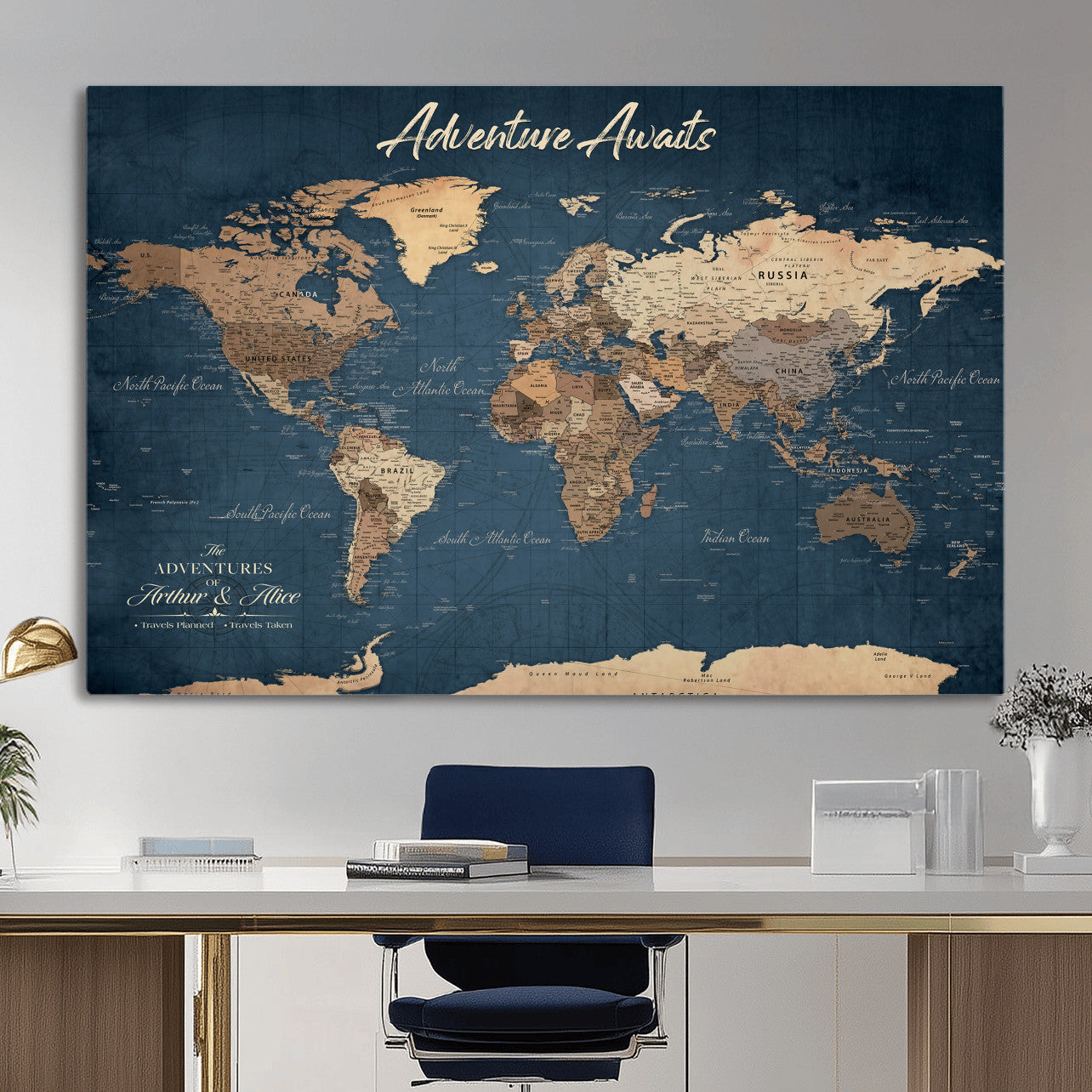 64110391-MGV-CV-36X24 - Custom Push Pin World Map Wall Art Canvas Print – Personalized Travel Tracker with Pins Framed Large for Home and Office Decor