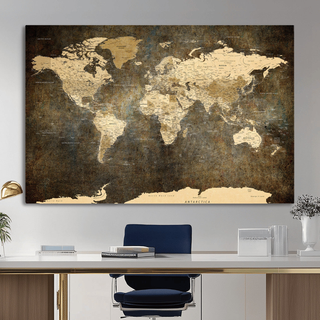 89742472-MGV-CV-36X24 - World Map Wall Art Canvas Print, Modern Decorative Framed Map Artwork Prints for Living Room, Office, Bedroom Wall Decor