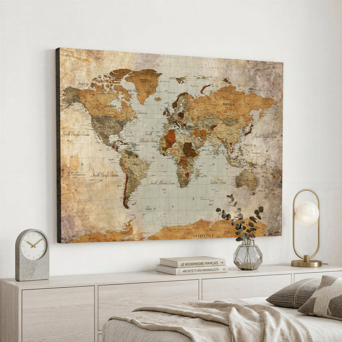 74176056-MGV-CV-36X24 - World Map Wall Art Canvas Print, Modern Decorative Framed Map Artwork Prints for Living Room, Office, Bedroom Wall Decor