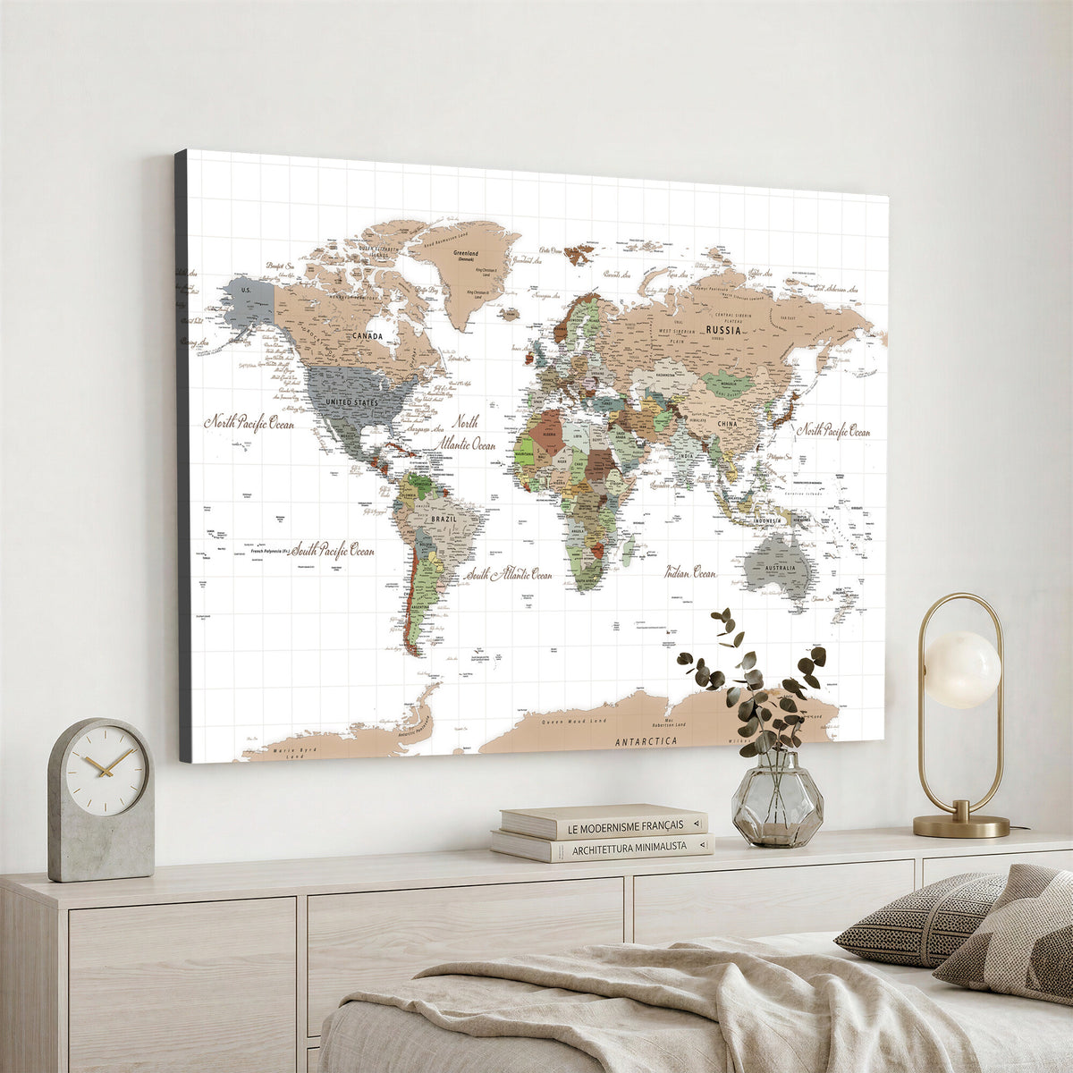 91286788-MGV-CV-36X24 - World Map Wall Art Canvas Print, Modern Decorative Framed Map Artwork Prints for Living Room, Office, Bedroom Wall Decor