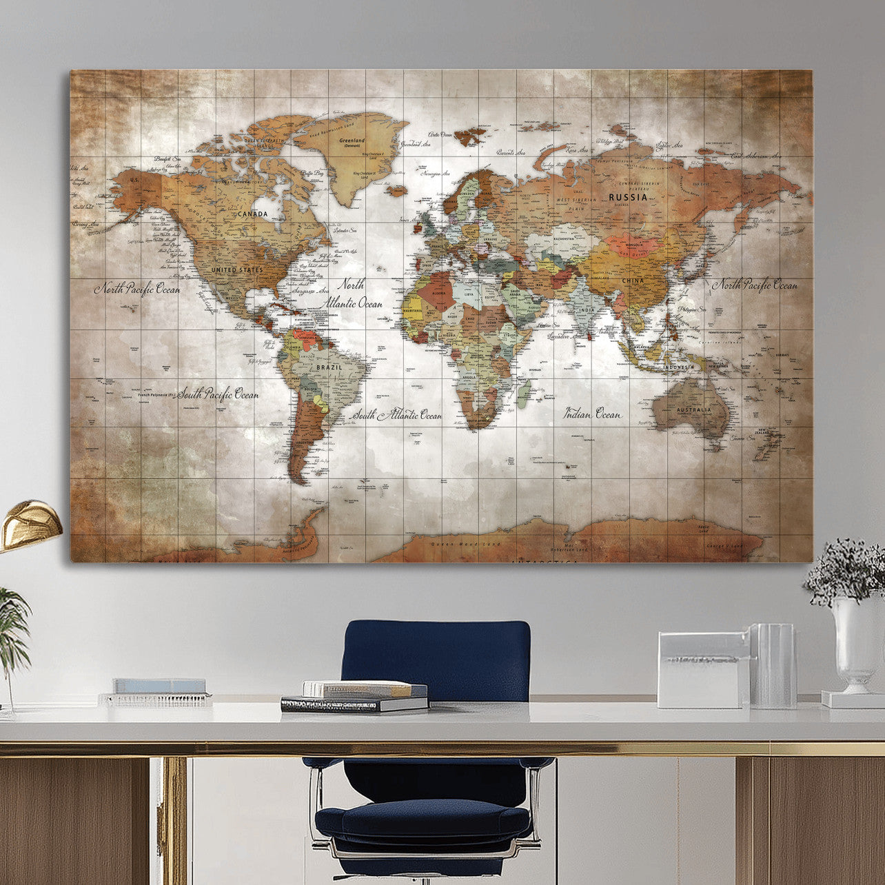 51643807-MGV-CV-36X24 - World Map Wall Art Canvas Print, Modern Decorative Framed Map Artwork Prints for Living Room, Office, Bedroom Wall Decor