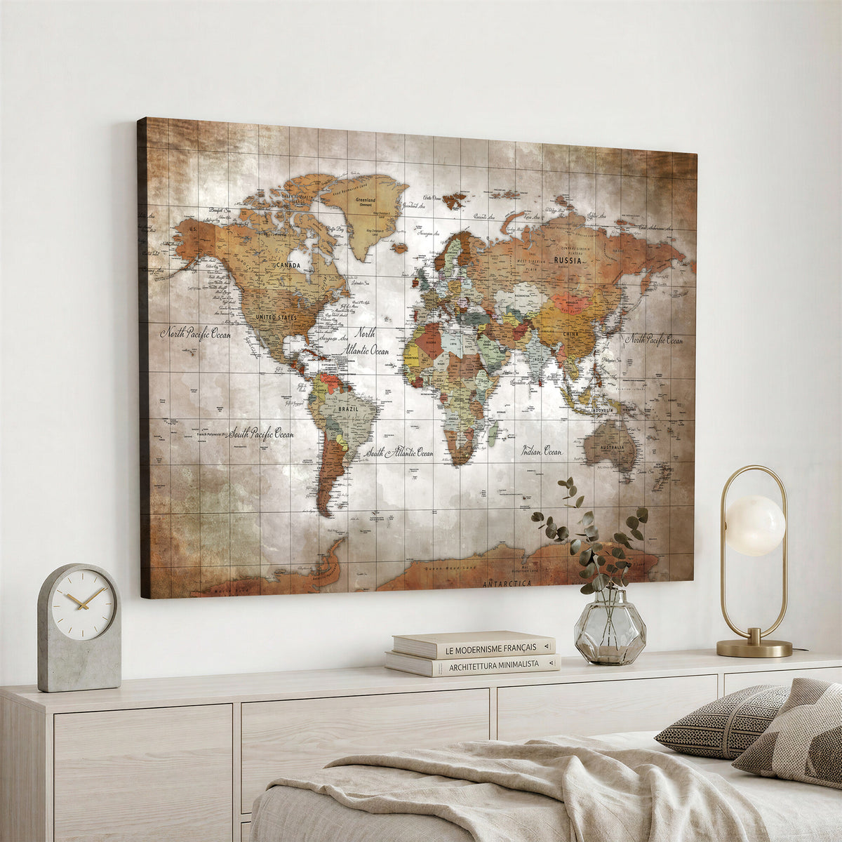 51643807-MGV-CV-36X24 - World Map Wall Art Canvas Print, Modern Decorative Framed Map Artwork Prints for Living Room, Office, Bedroom Wall Decor