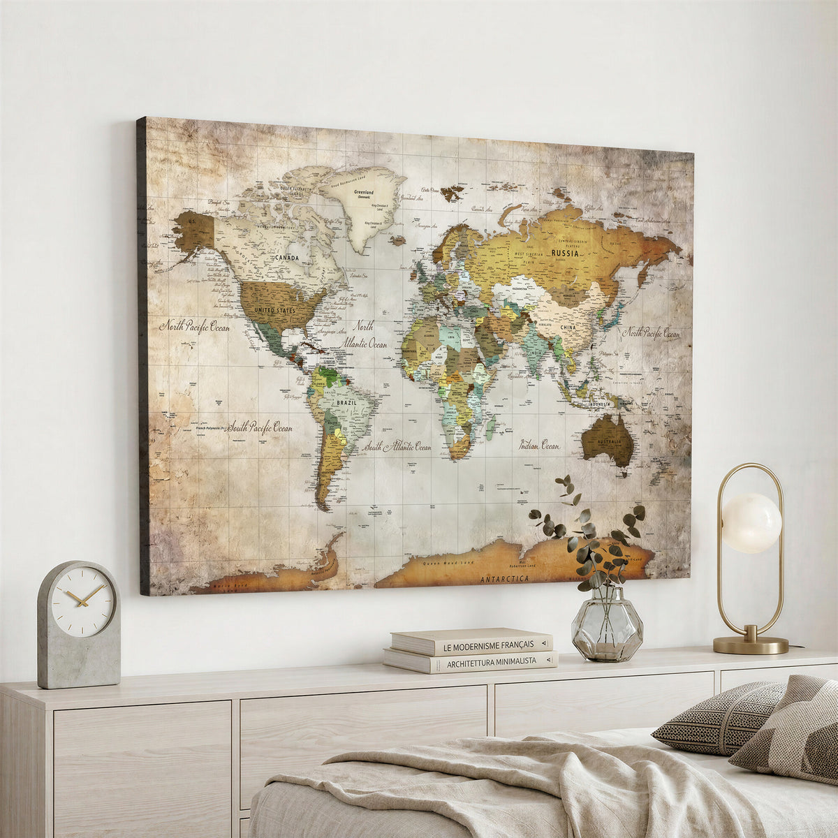 86108417-MGV-CV-36X24 - World Map Wall Art Canvas Print, Modern Decorative Framed Map Artwork Prints for Living Room, Office, Bedroom Wall Decor