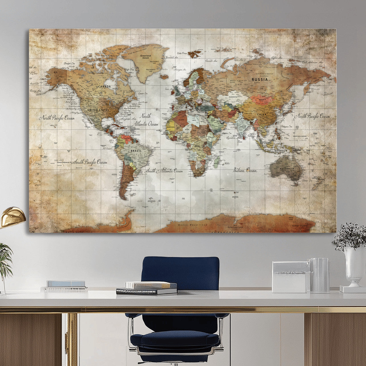 19855445-MGV-CV-36X24 - World Map Wall Art Canvas Print, Modern Decorative Framed Map Artwork Prints for Living Room, Office, Bedroom Wall Decor