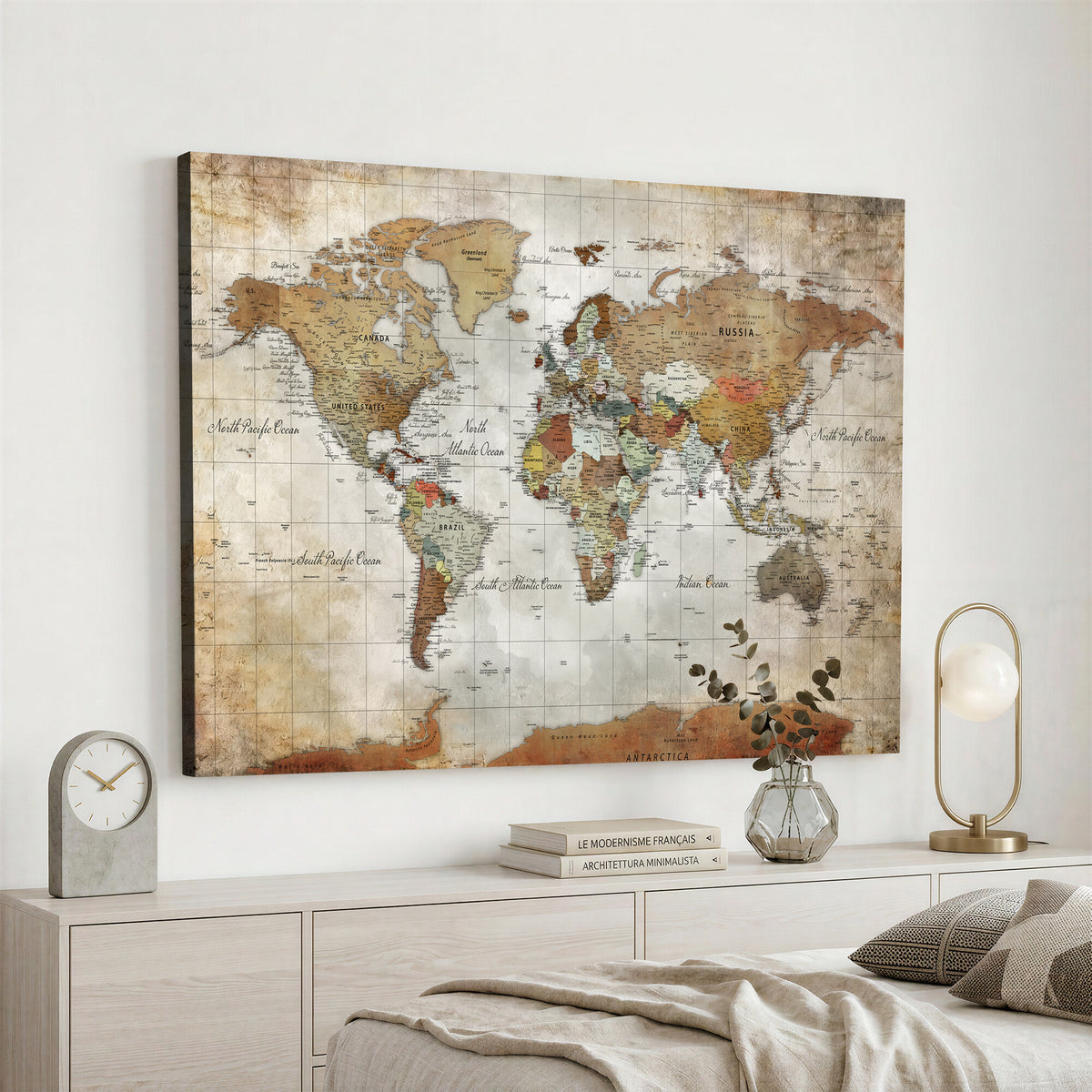 19855445-MGV-CV-36X24 - Custom Framed Modern Push Pin World Map Wall Art, Places Visited Tracker, Home Office and Entryway Decor