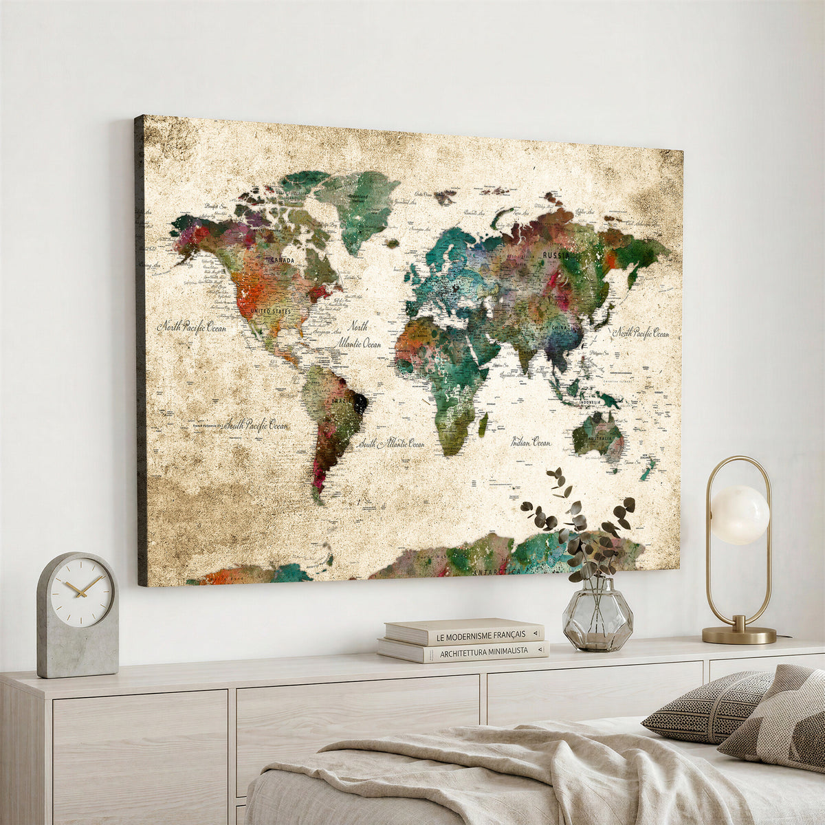 87544591-MGV-CV-36X24 - World Map Wall Art Canvas Print, Modern Decorative Framed Map Artwork Prints for Living Room, Office, Bedroom Wall Decor