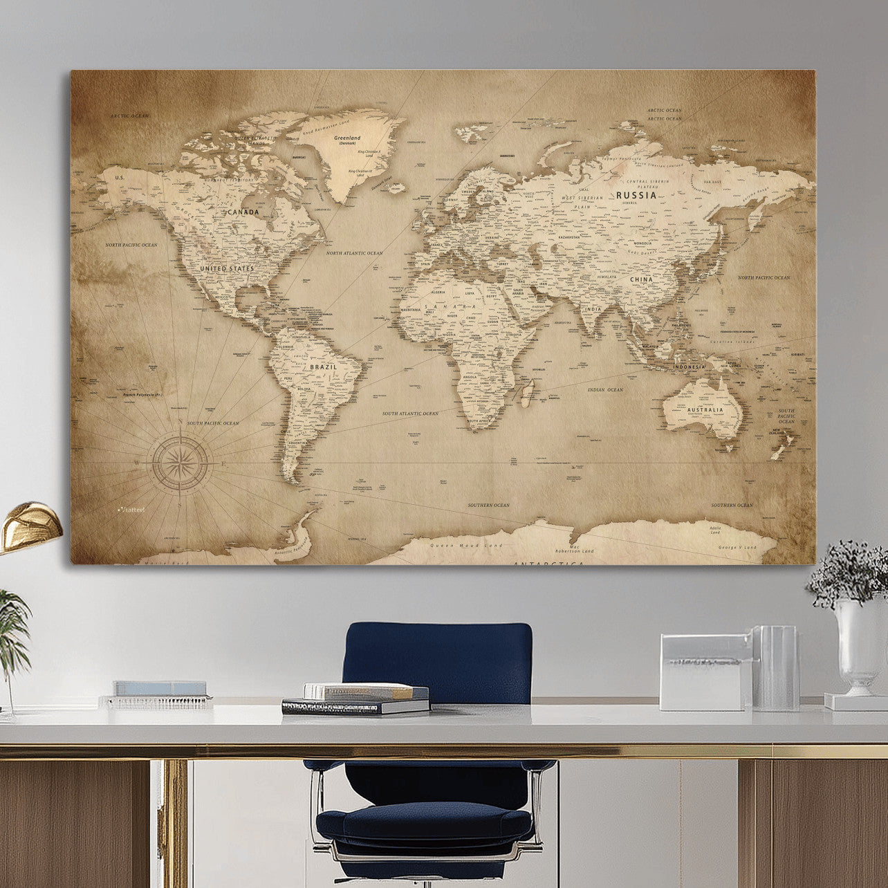 34795134-MGV-CV-36X24 - World Map Wall Art Canvas Print, Modern Decorative Framed Map Artwork Prints for Living Room, Office, Bedroom Wall Decor