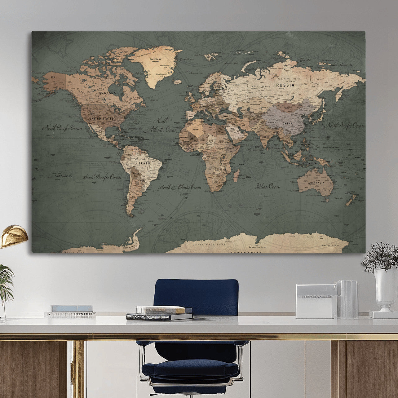 84619399-MGV-CV-36X24 - World Map Wall Art Canvas Print, Modern Decorative Framed Map Artwork Prints for Living Room, Office, Bedroom Wall Decor