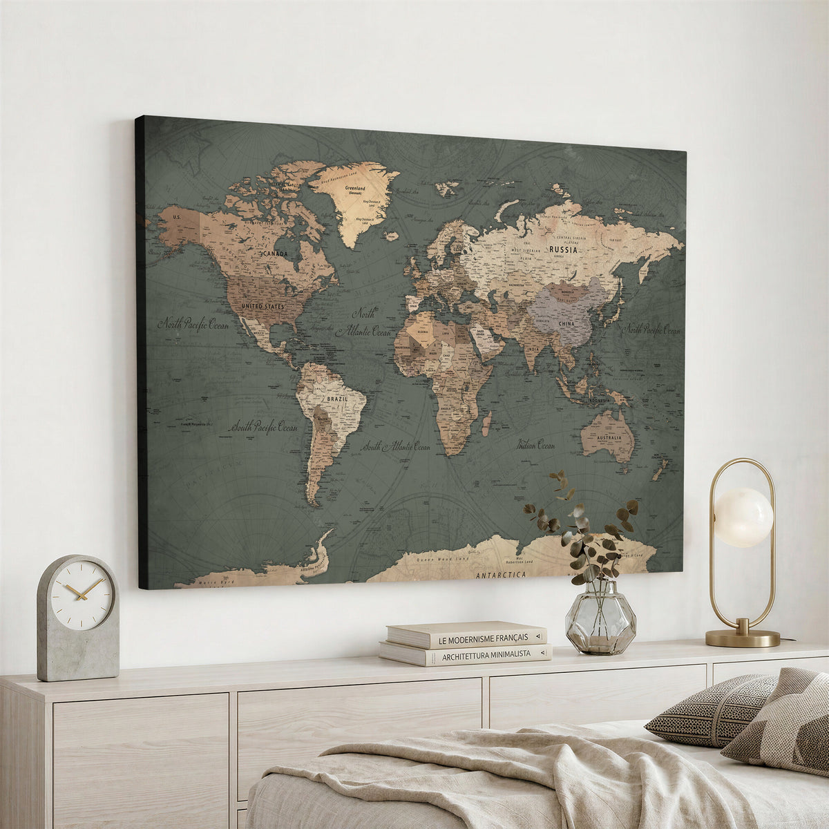 84619399-MGV-CV-36X24 - World Map Wall Art Canvas Print, Modern Decorative Framed Map Artwork Prints for Living Room, Office, Bedroom Wall Decor