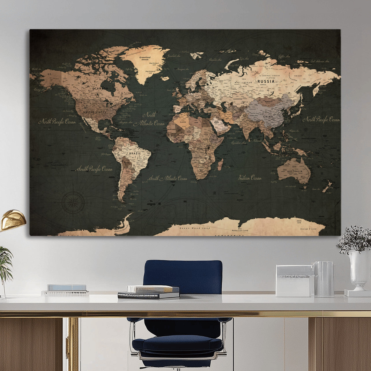 62059333-MGV-CV-36X24 - World Map Wall Art Canvas Print, Modern Decorative Framed Map Artwork Prints for Living Room, Office, Bedroom Wall Decor