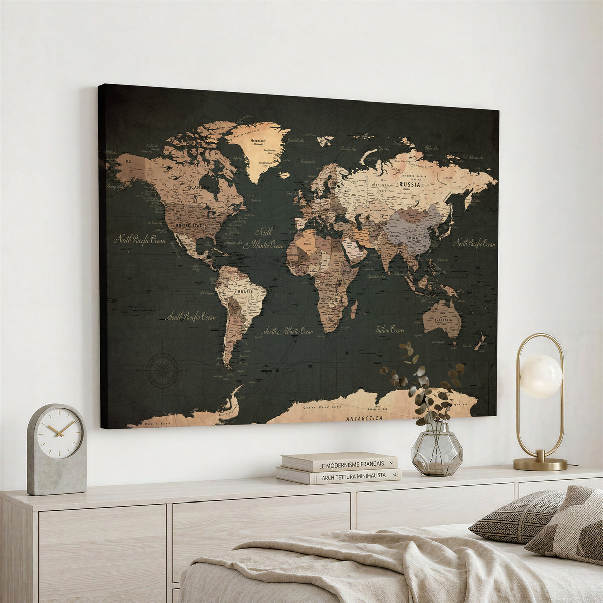 62059333-MGV-CV-36X24 - World Map Wall Art Canvas Print, Modern Decorative Framed Map Artwork Prints for Living Room, Office, Bedroom Wall Decor