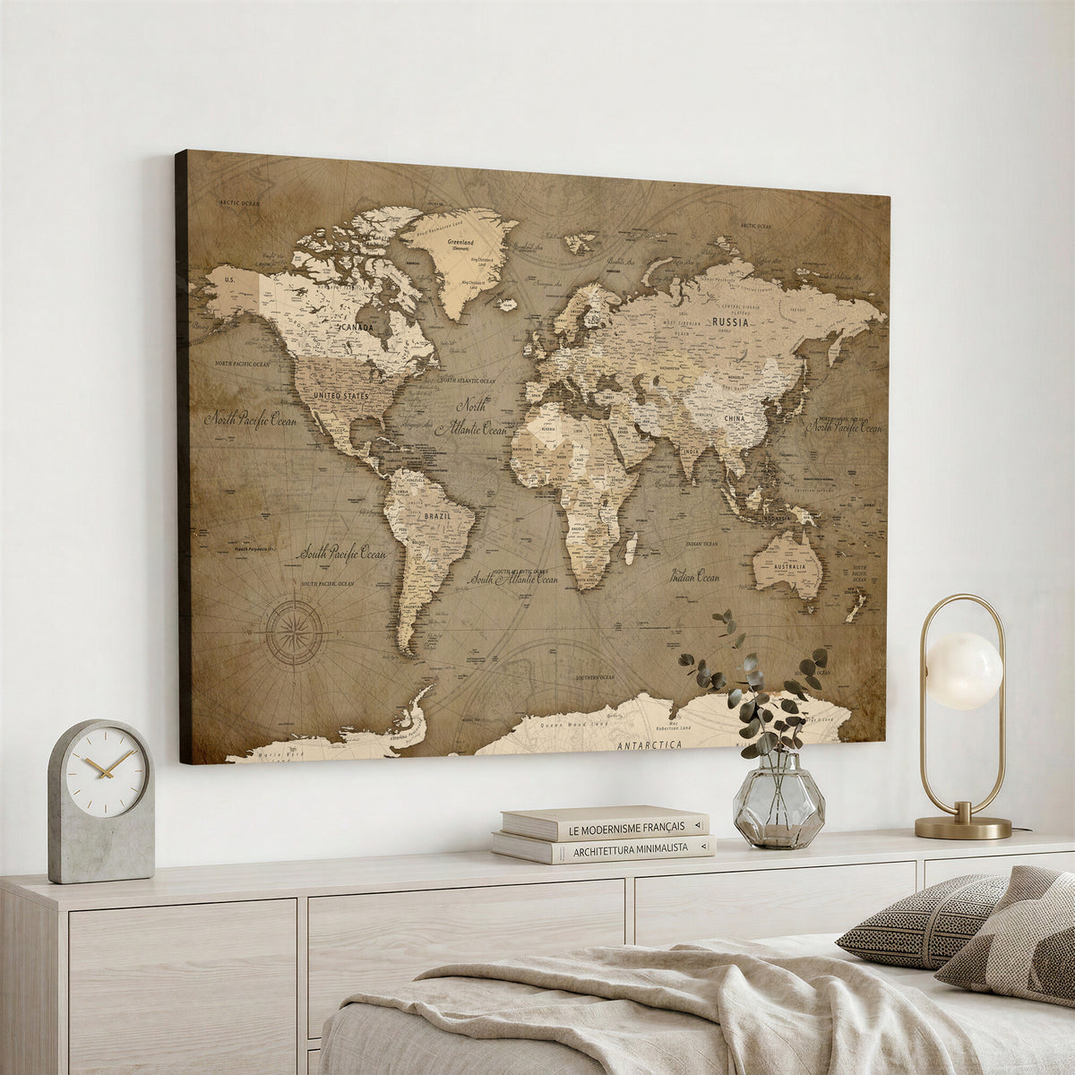 82314635-MGV-CV-36X24 - World Map Wall Art Canvas Print, Modern Decorative Framed Map Artwork Prints for Living Room, Office, Bedroom Wall Decor