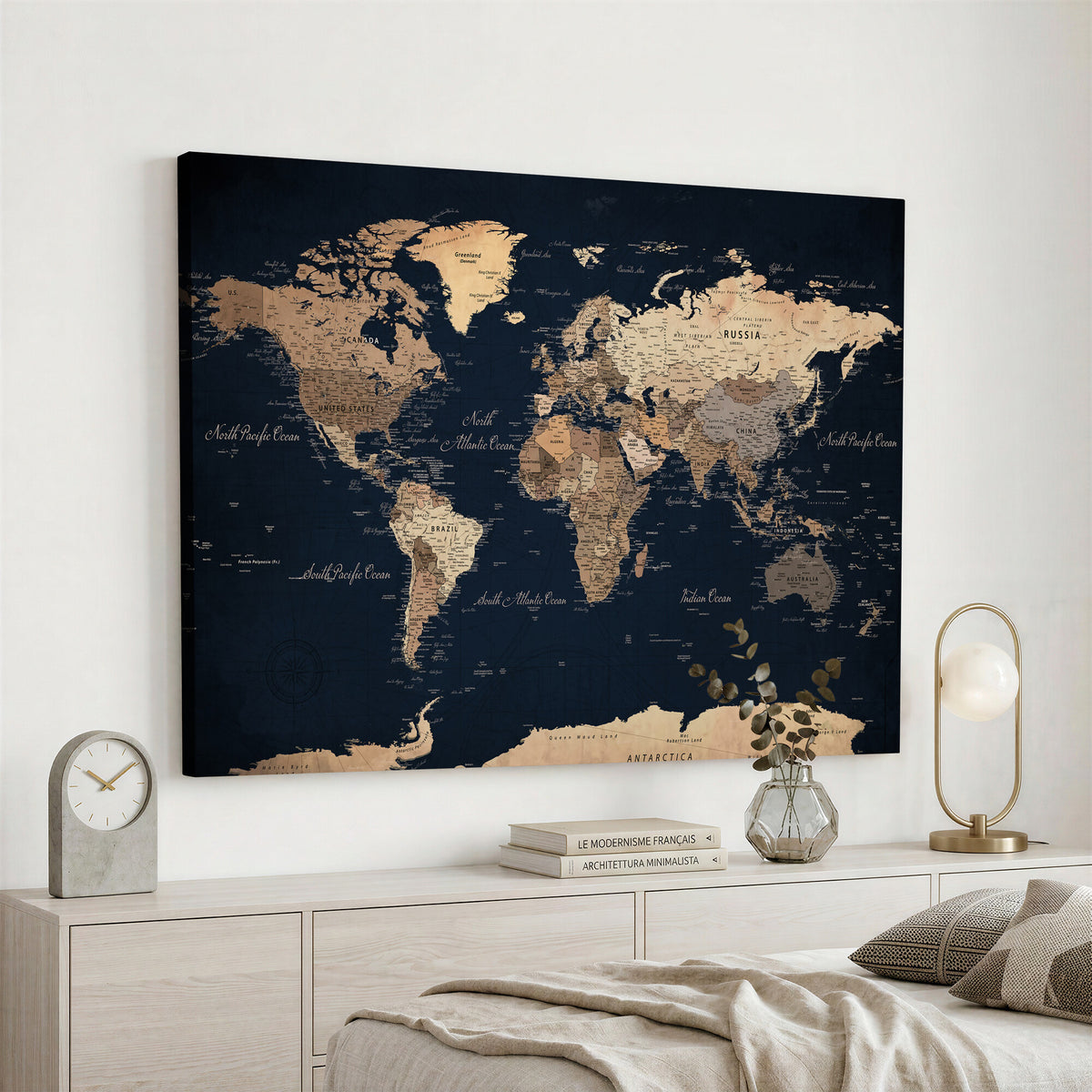 53971530-MGV-CV-36X24 - World Map Wall Art Canvas Print, Modern Decorative Framed Map Artwork Prints for Living Room, Office, Bedroom Wall Decor