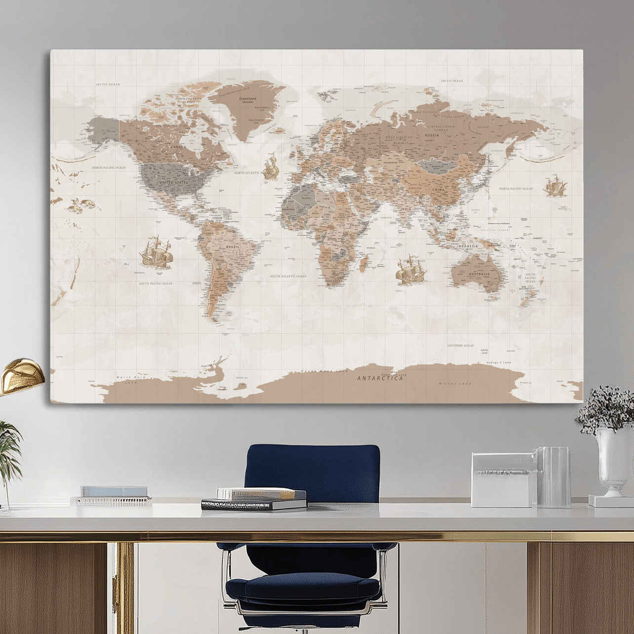 85057279-MGV-CV-36X24 - World Map Wall Art Canvas Print, Modern Decorative Framed Map Artwork Prints for Living Room, Office, Bedroom Wall Decor