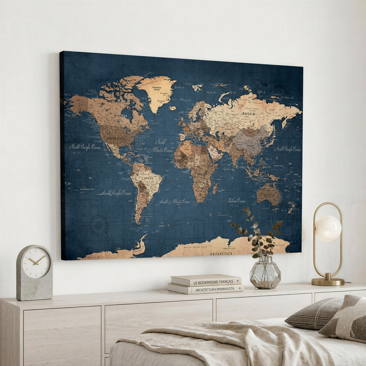 69886352-MGV-CV-36X24 - World Map Wall Art Canvas Print, Modern Decorative Framed Map Artwork Prints for Living Room, Office, Bedroom Wall Decor