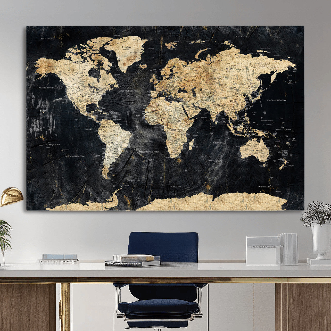 45535041-MGV-CV-36X24 - World Map Wall Art Canvas Print, Modern Decorative Framed Map Artwork Prints for Living Room, Office, Bedroom Wall Decor