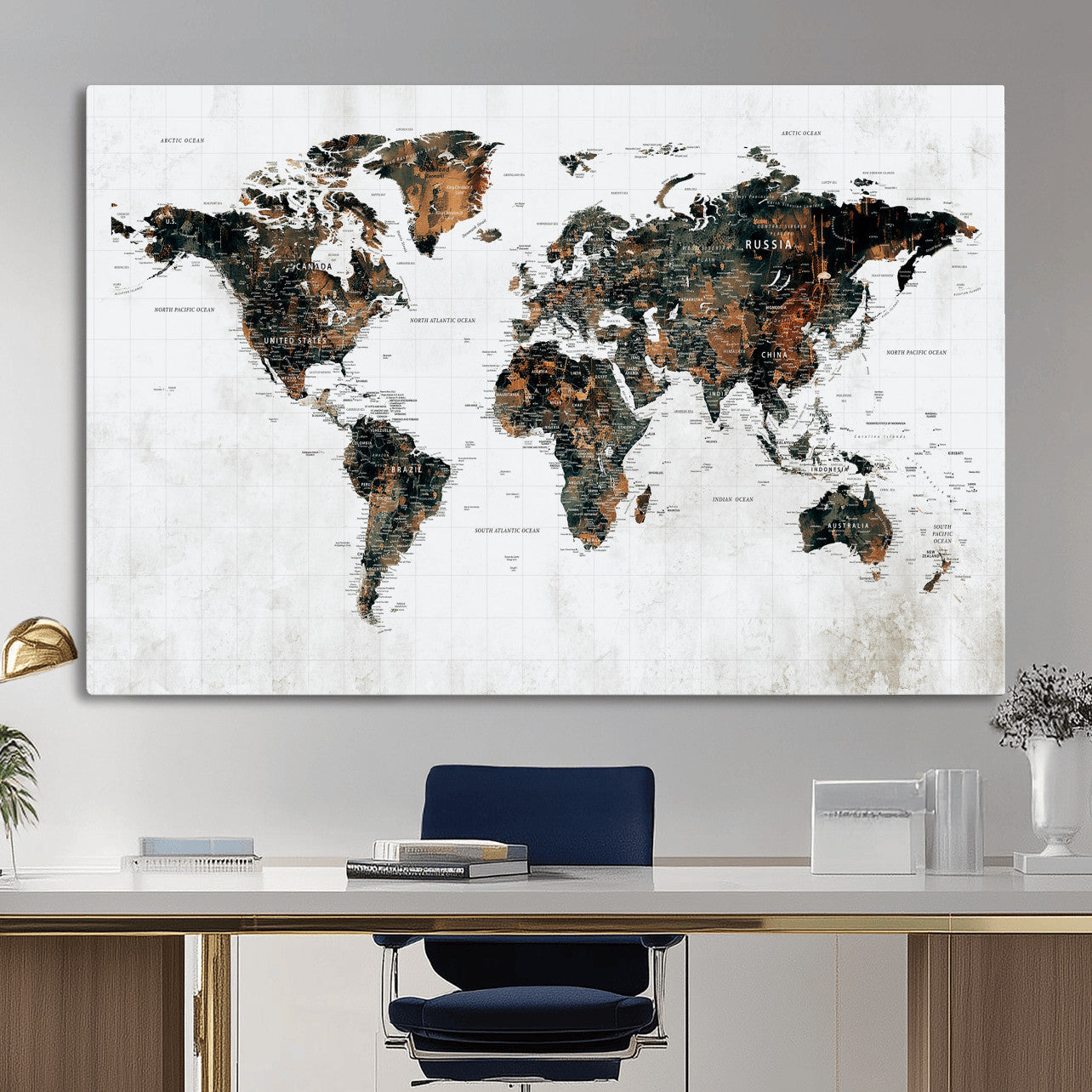 60008766-MGV-CV-36X24 - World Map Wall Art Canvas Print, Modern Decorative Framed Map Artwork Prints for Living Room, Office, Bedroom Wall Decor