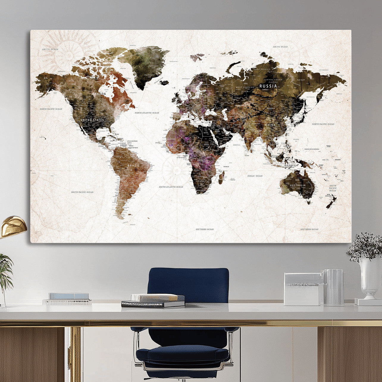 77651968-MGV-CV-36X24 - World Map Wall Art Canvas Print, Modern Decorative Framed Map Artwork Prints for Living Room, Office, Bedroom Wall Decor