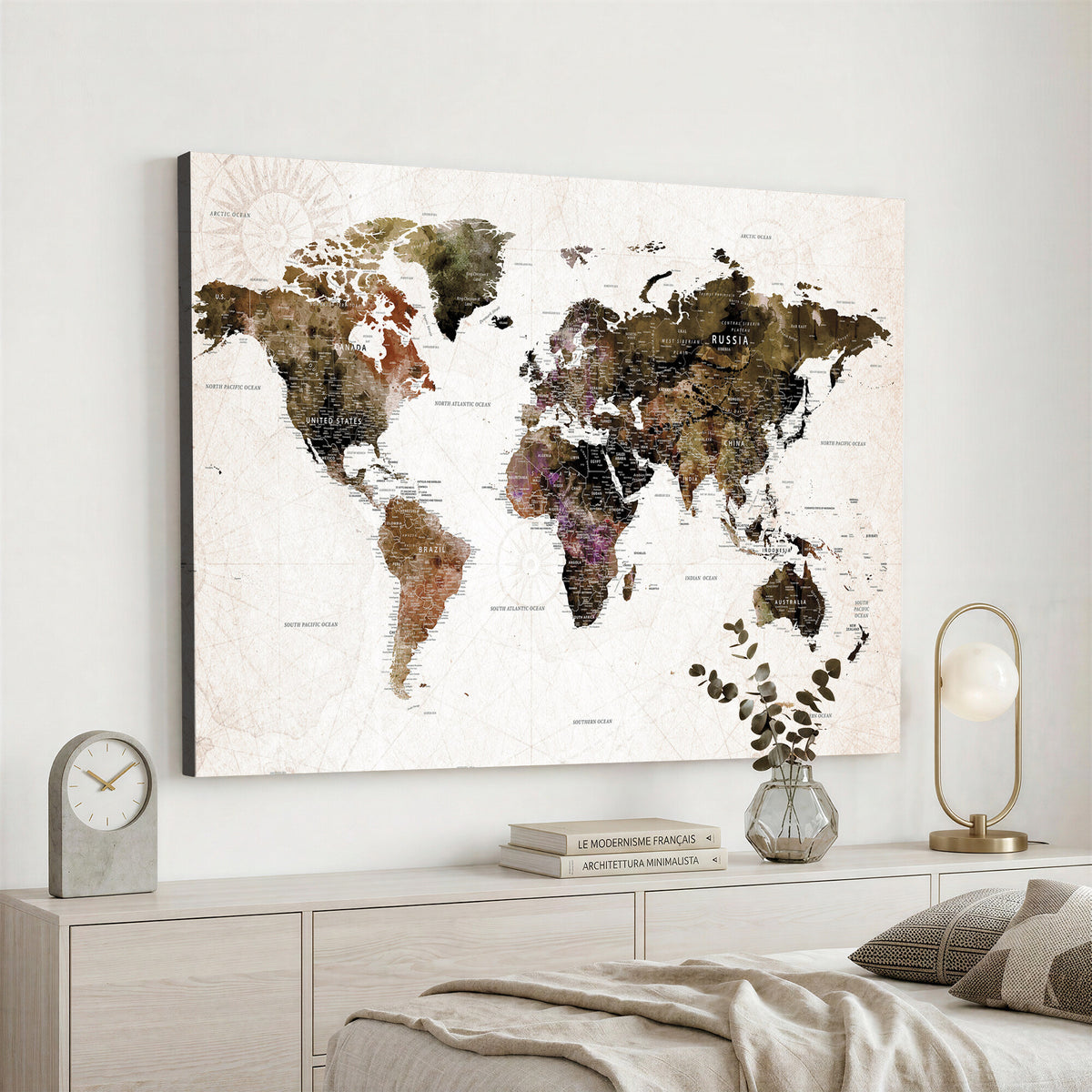 77651968-MGV-CV-36X24 - Watercolor World Map Print - Large Wall Art Canvas Print for