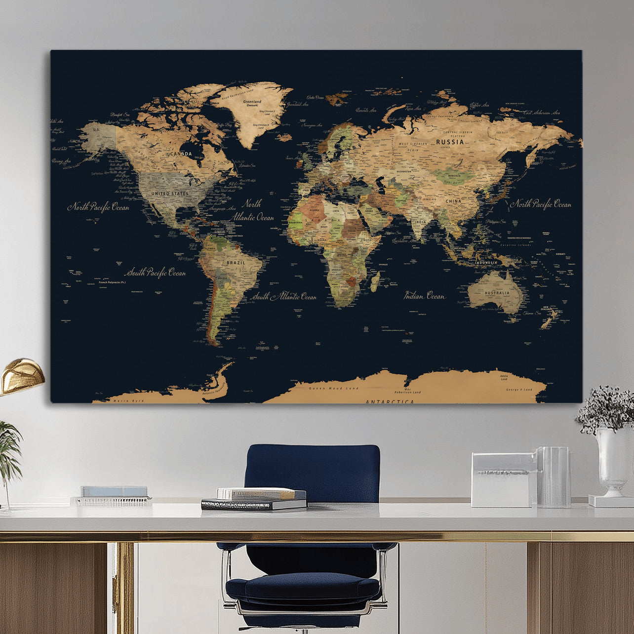 94449133-MGV-CV-36X24 - World Map Wall Art Canvas Print, Modern Decorative Framed Map Artwork Prints for Living Room, Office, Bedroom Wall Decor