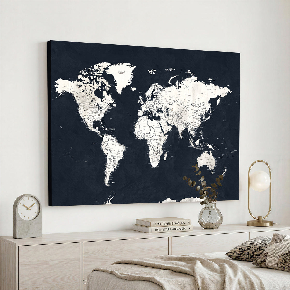 11963807-MGV-CV-36X24 - Black World Map Wall Art Canvas Print for Home Office and Meeting Room Decor