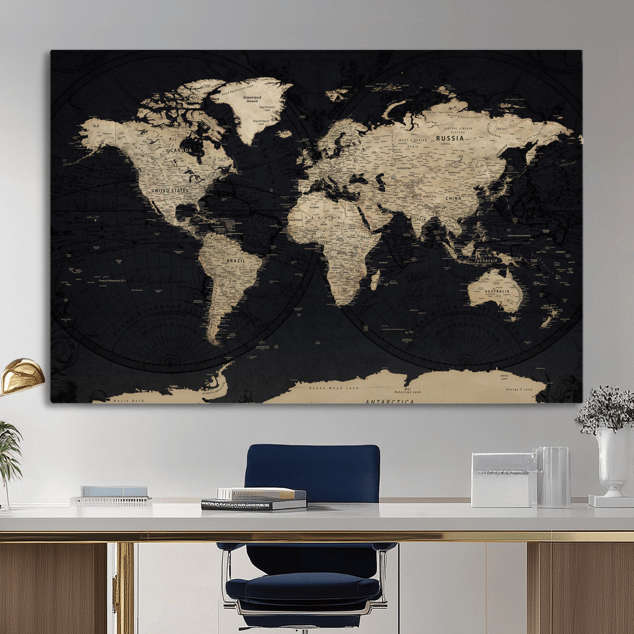 61835687-MGV-CV-36X24 - World Map Wall Art Canvas Print, Modern Decorative Framed Map Artwork Prints for Living Room, Office, Bedroom Wall Decor