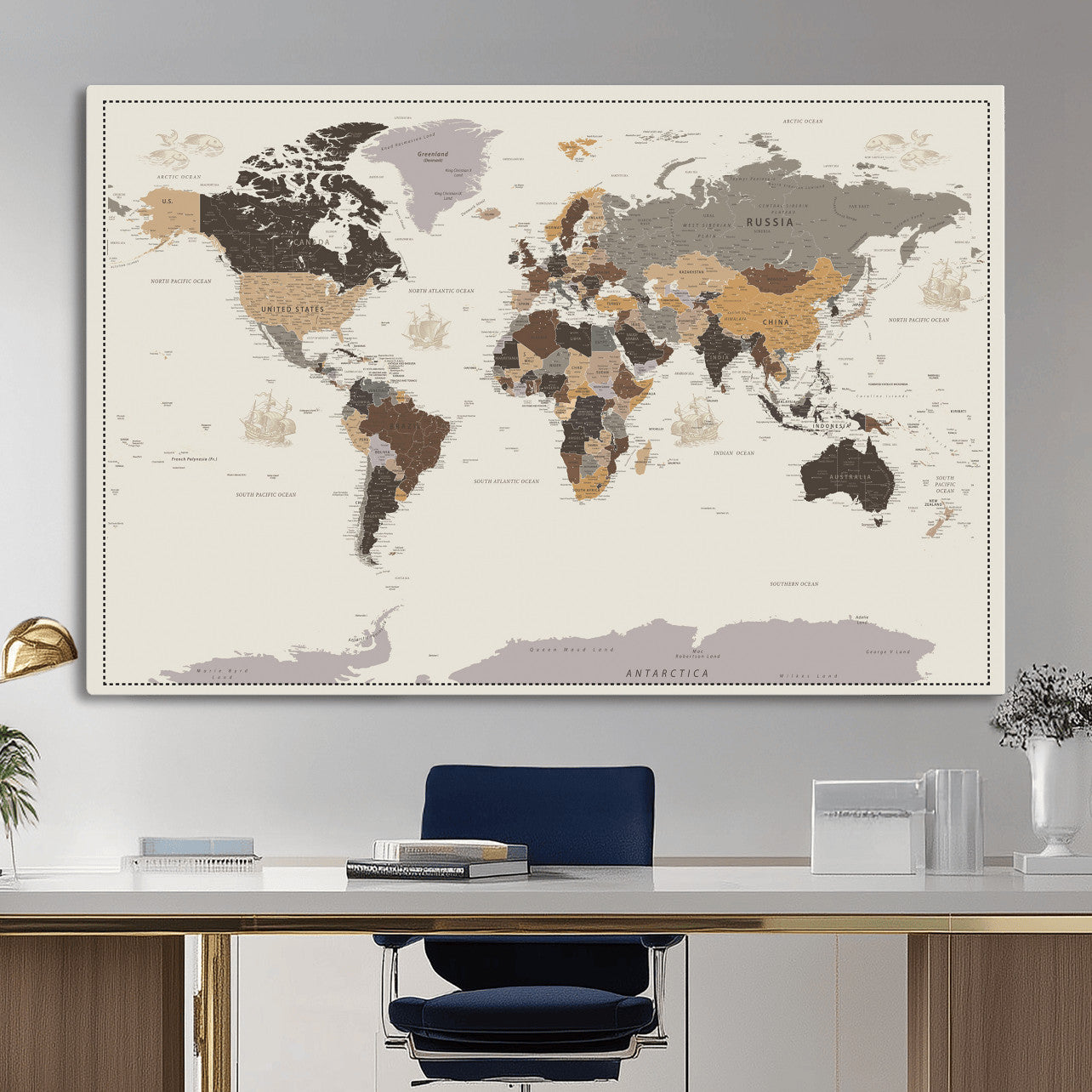 58777746-MGV-CV-36X24 - World Map Wall Art Canvas Print, Modern Decorative Framed Map Artwork Prints for Living Room, Office, Bedroom Wall Decor