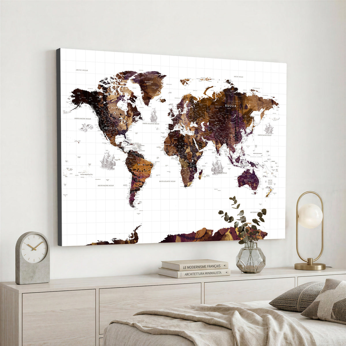 34792695-MGV-CV-36X24 - Rustic World Map Wall Art Canvas Print | Large Vintage Blue World Map on Wood Grain Style Background