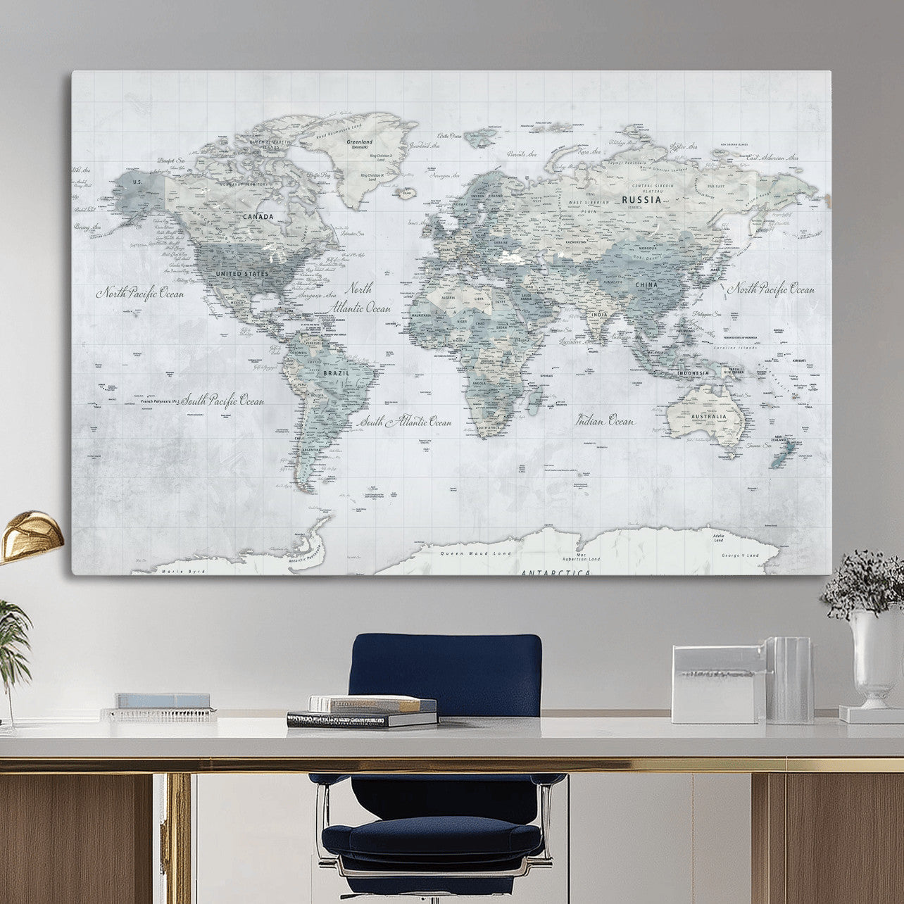 71091917-MGV-CV-36X24 - World Map Wall Art Canvas Print, Modern Decorative Framed Map Artwork Prints for Living Room, Office, Bedroom Wall Decor