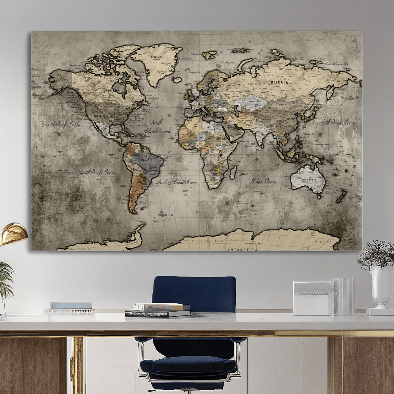 85218700-MGV-CV-36X24 - World Map Wall Art Canvas Print, Modern Decorative Framed Map Artwork Prints for Living Room, Office, Bedroom Wall Decor