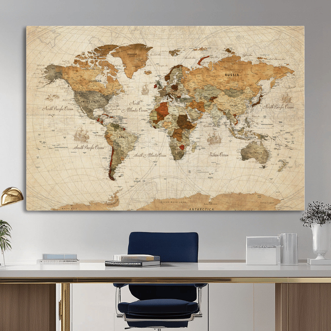 29684537-MGV-CV-36X24 - World Map Wall Art Canvas Print, Modern Decorative Framed Map Artwork Prints for Living Room, Office, Bedroom Wall Decor