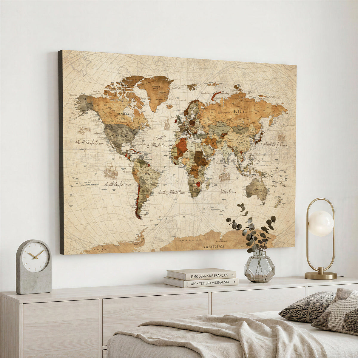 29684537-MGV-CV-36X24 - Vintage World Map Canvas Print, Framed Rustic Detailed Map of the World, Explorer Decor