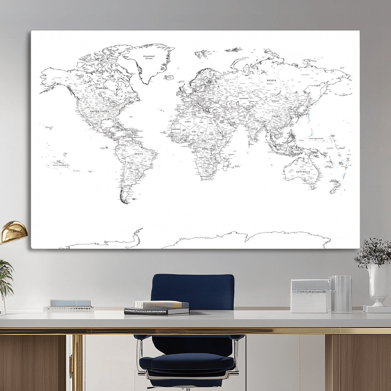 21002736-MGV-CV-36X24 - World Map Wall Art Canvas Print, Modern Decorative Framed Map Artwork Prints for Living Room, Office, Bedroom Wall Decor