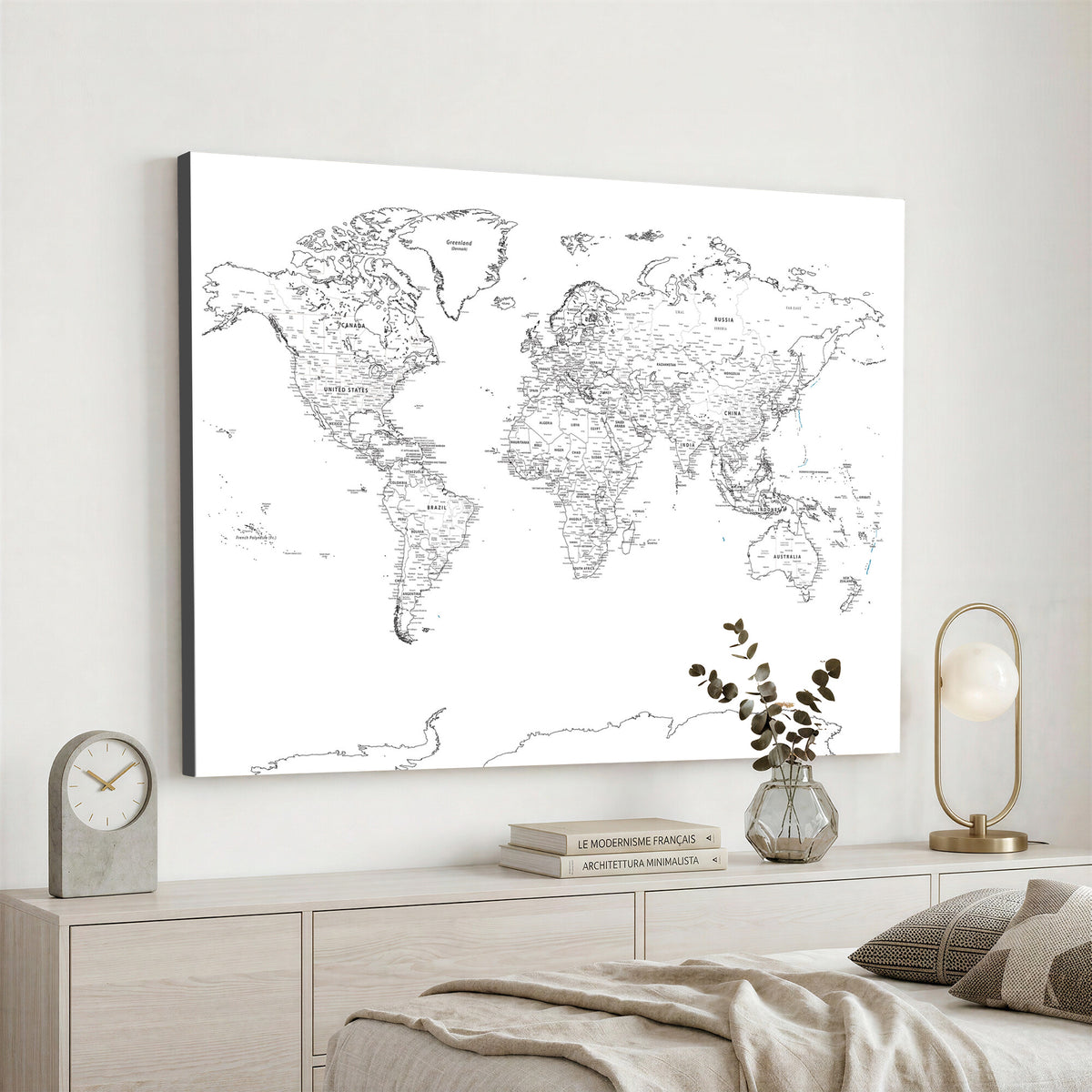 21002736-MGV-CV-36X24 - World Map Canvas Print, Framed Modern Detailed Map of the World for Home or Office