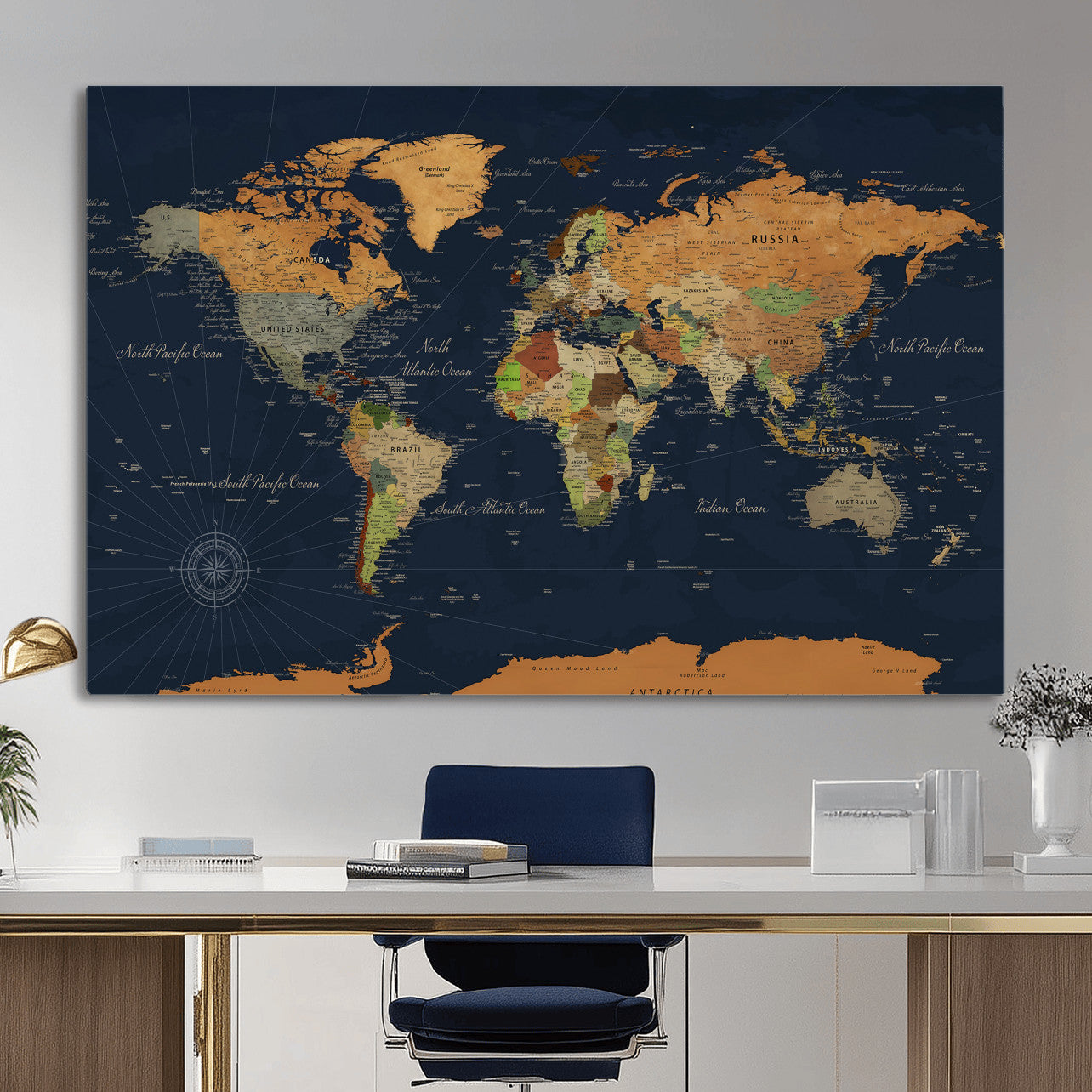 11715182-MGV-CV-36X24 - World Map Wall Art Canvas Print, Modern Decorative Framed Map Artwork Prints for Living Room, Office, Bedroom Wall Decor