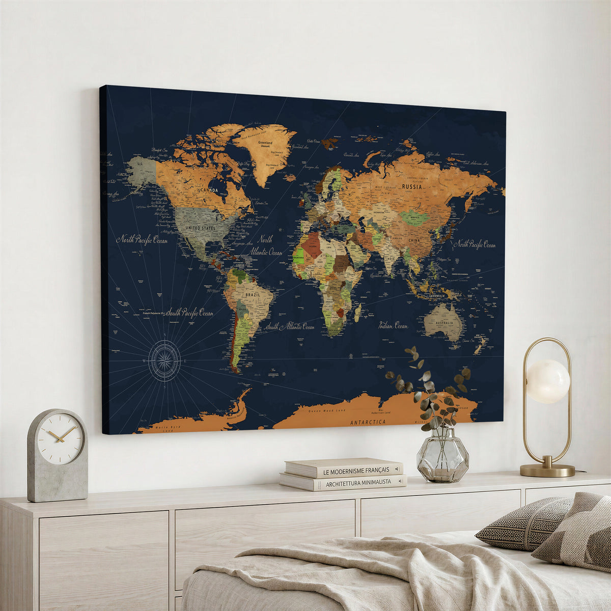 11715182-MGV-CV-36X24 - Modern World Map Canvas Print, Framed Detailed Map of the World Wall Art