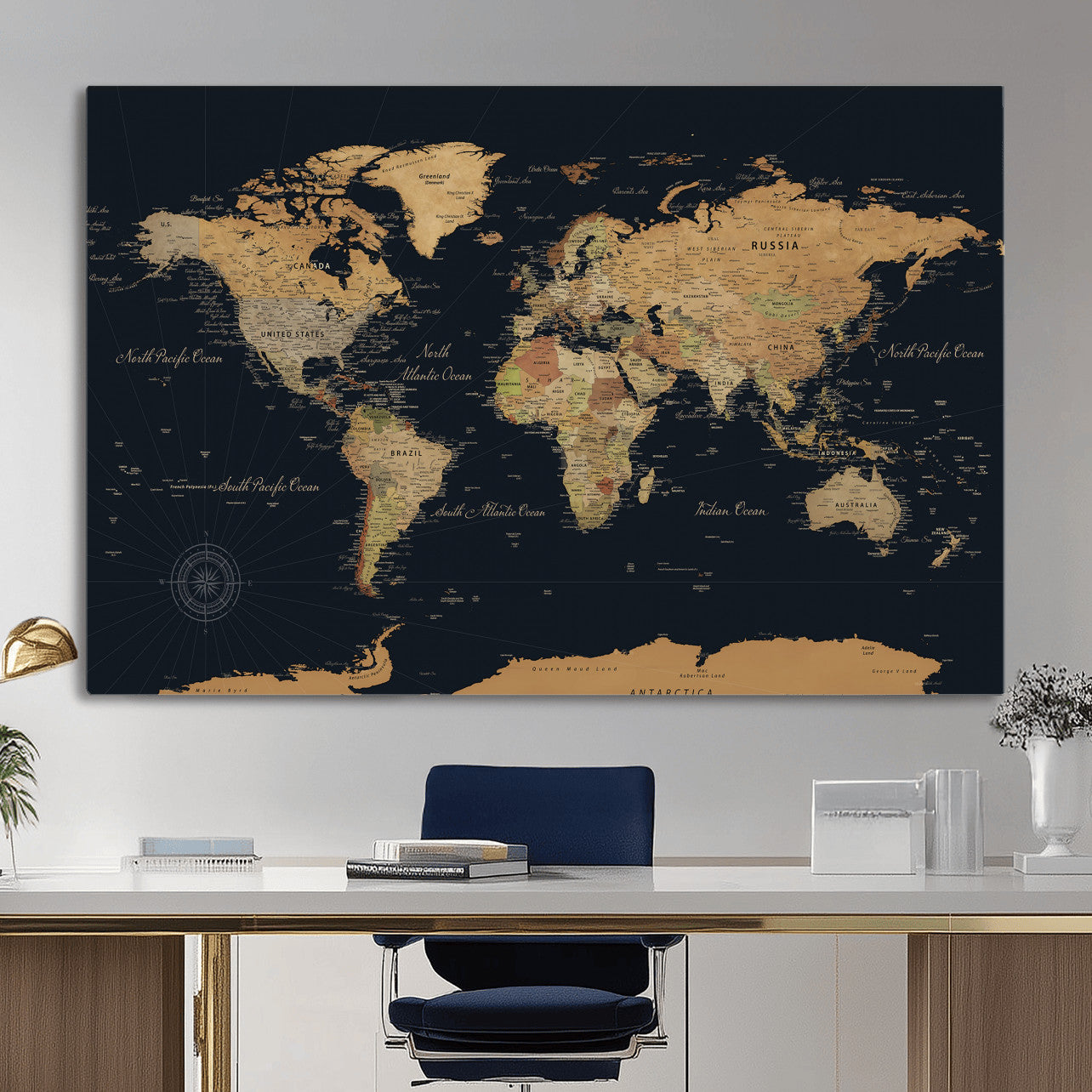 87280374-MGV-CV-36X24 - World Map Wall Art Canvas Print, Modern Decorative Framed Map Artwork Prints for Living Room, Office, Bedroom Wall Decor