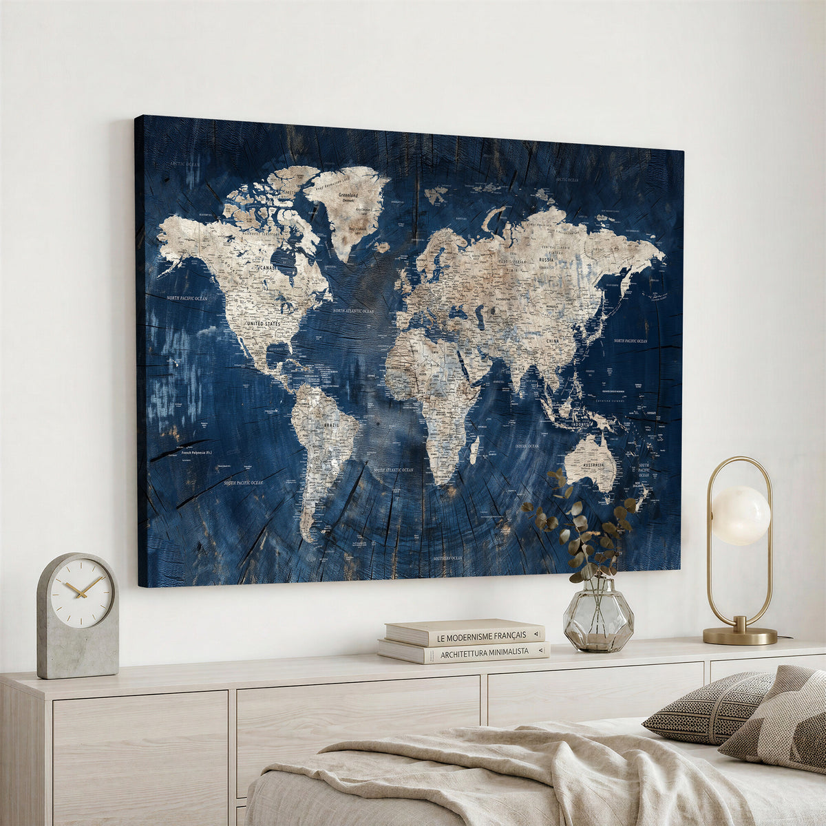 56126010-MGV-CV-36X24 - Large Blue World Map Wall Art Canvas Print for Home Office