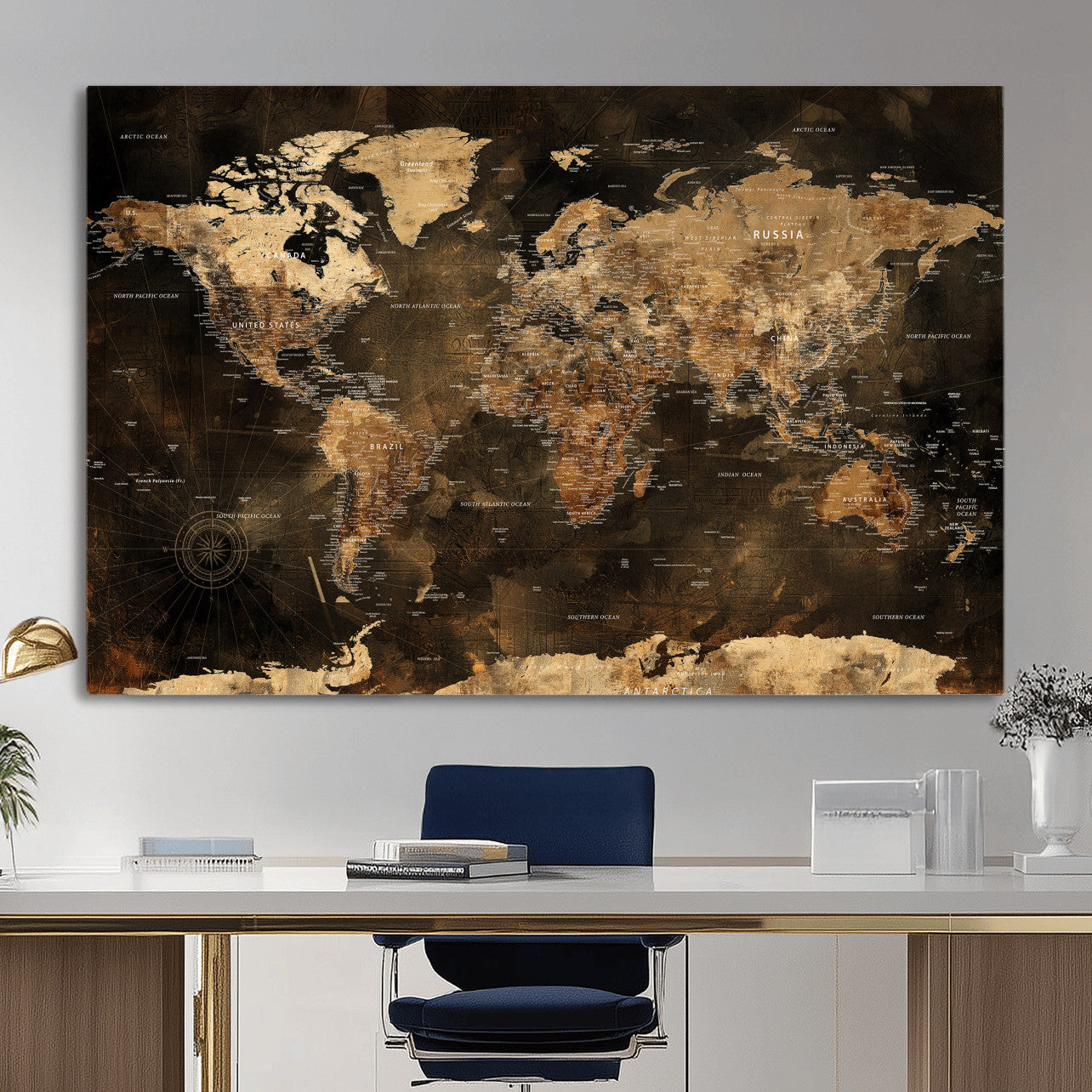 97742922-MGV-CV-36X24 - World Map Wall Art Canvas Print, Modern Decorative Framed Map Artwork Prints for Living Room, Office, Bedroom Wall Decor