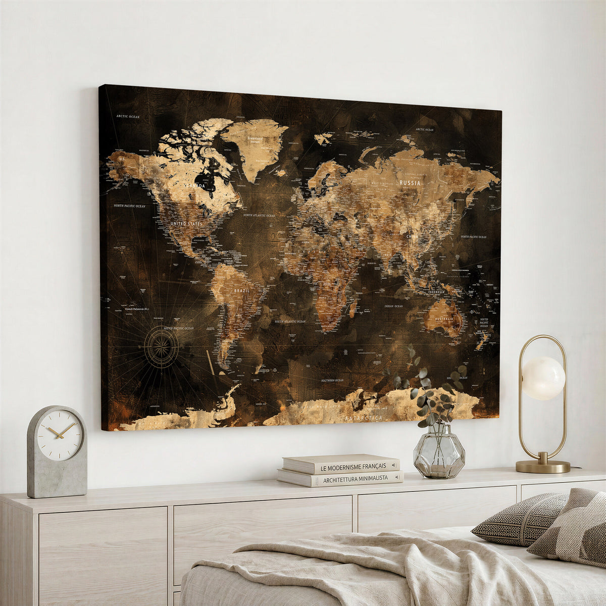 97742922-MGV-CV-36X24 - World Map Canvas Print, Modern Decorative Framed Map Artwork
