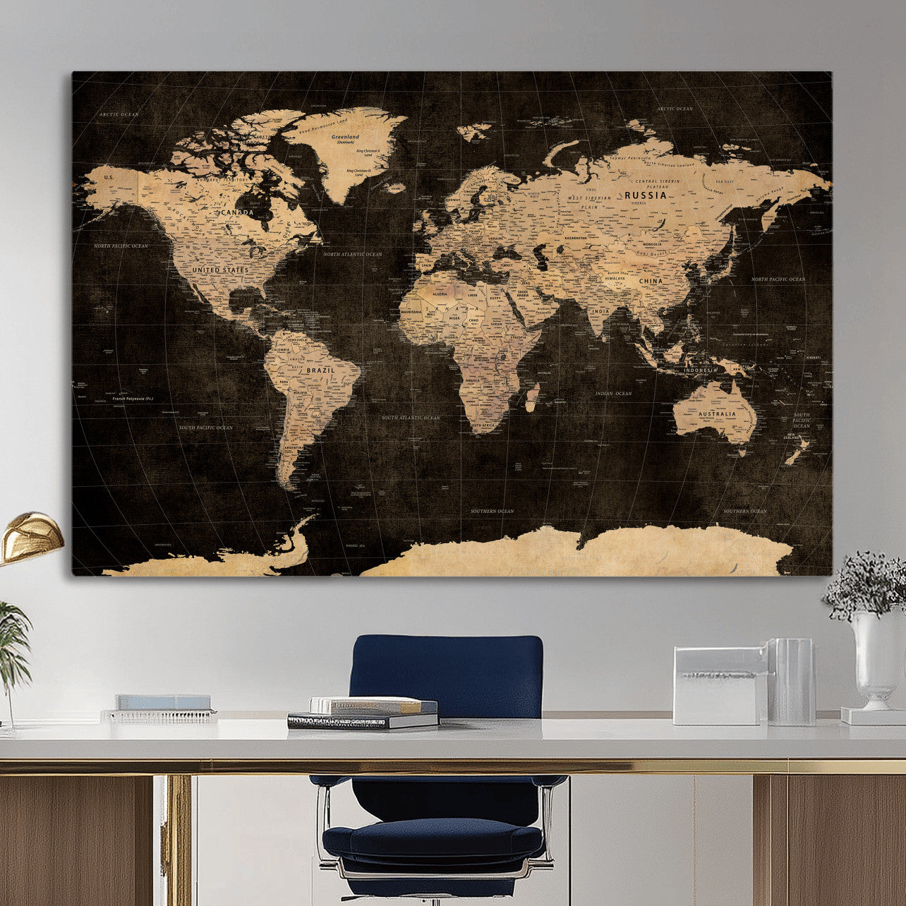 17790470-MGV-CV-36X24 - World Map Wall Art Canvas Print, Modern Decorative Framed Map Artwork Prints for Living Room, Office, Bedroom Wall Decor
